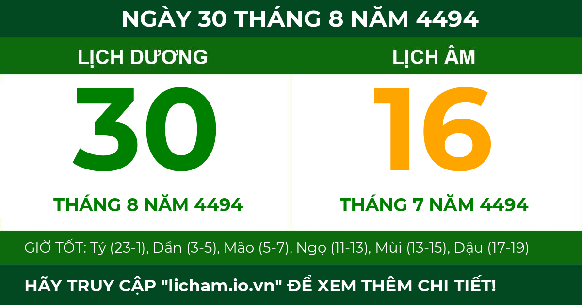 lịch âm ngày 30 tháng 8 năm 4494