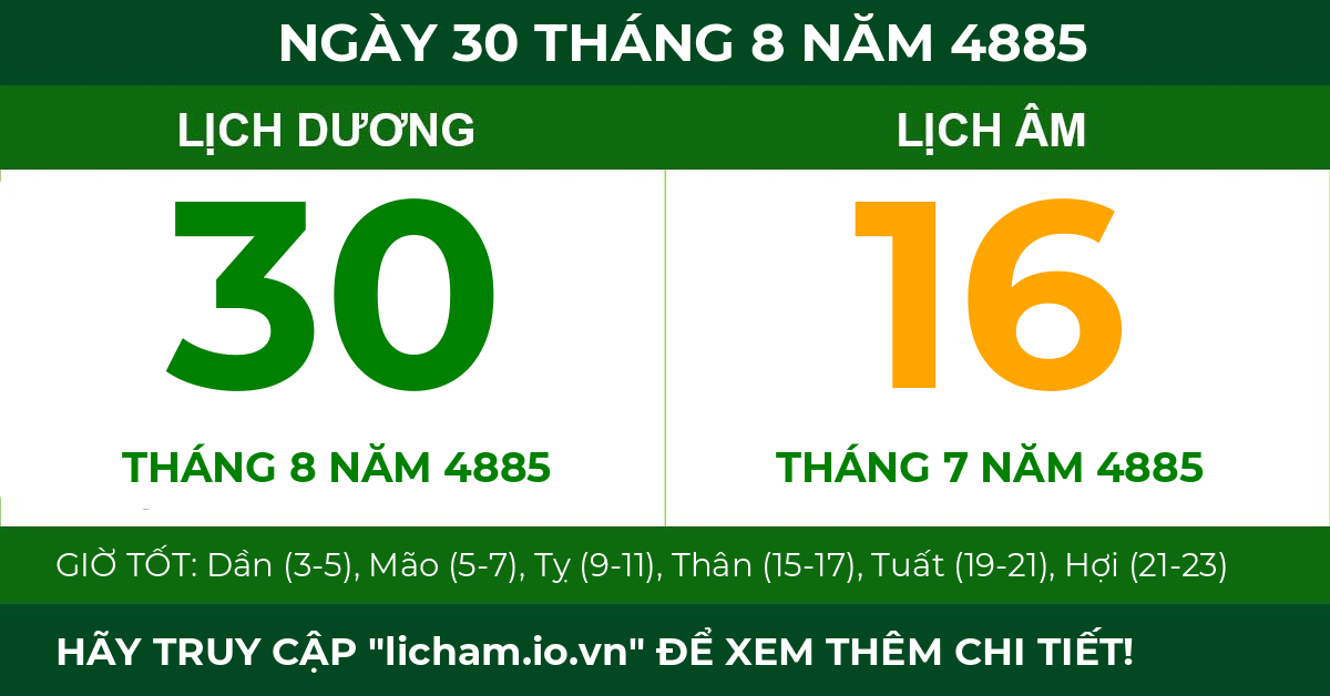 lịch âm ngày 30 tháng 8 năm 4885