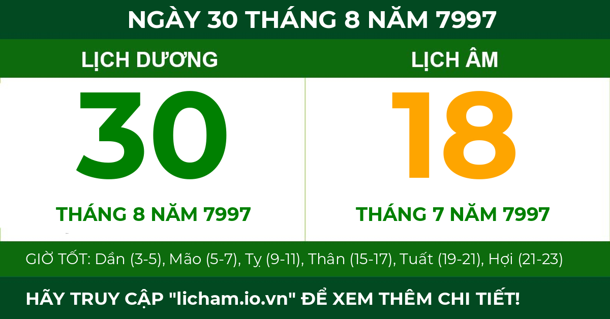 lịch âm ngày 30 tháng 8 năm 7997
