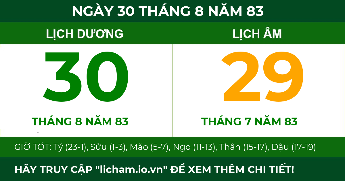 lịch âm ngày 30 tháng 8 năm 83