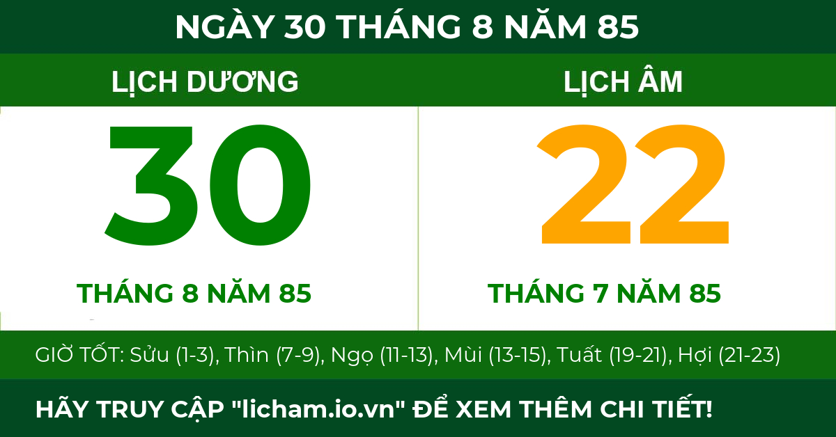 lịch âm ngày 30 tháng 8 năm 85