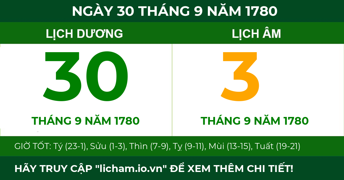 lịch âm ngày 30 tháng 9 năm 1780