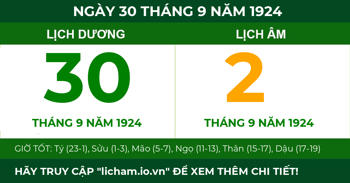 lịch âm ngày 30 tháng 9 năm 1924