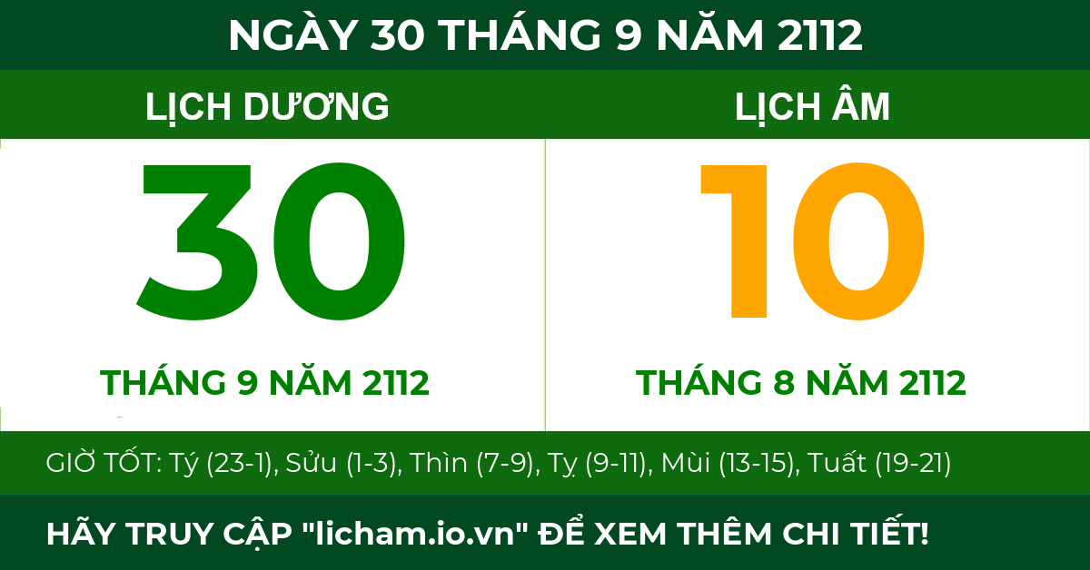 lịch âm ngày 30 tháng 9 năm 2112