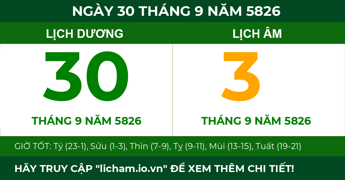 lịch âm ngày 30 tháng 9 năm 5826