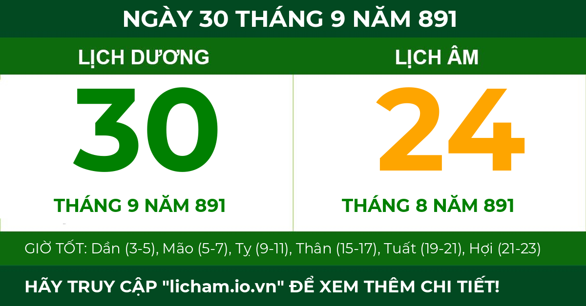 lịch âm ngày 30 tháng 9 năm 891