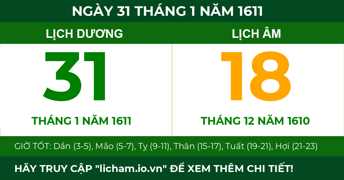 lịch âm ngày 31 tháng 1 năm 1611