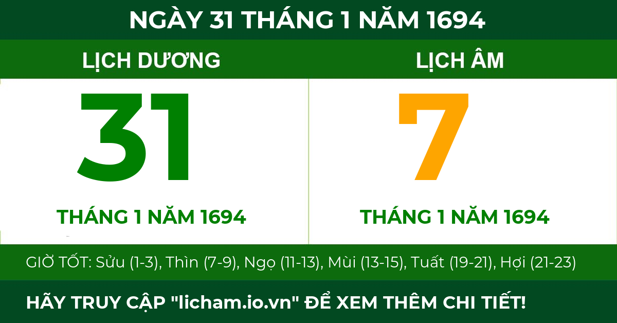 lịch âm ngày 31 tháng 1 năm 1694