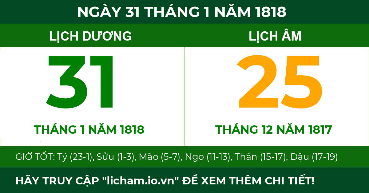 lịch âm ngày 31 tháng 1 năm 1818