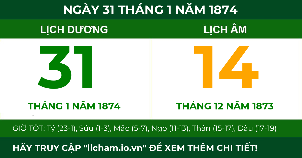 lịch âm ngày 31 tháng 1 năm 1874