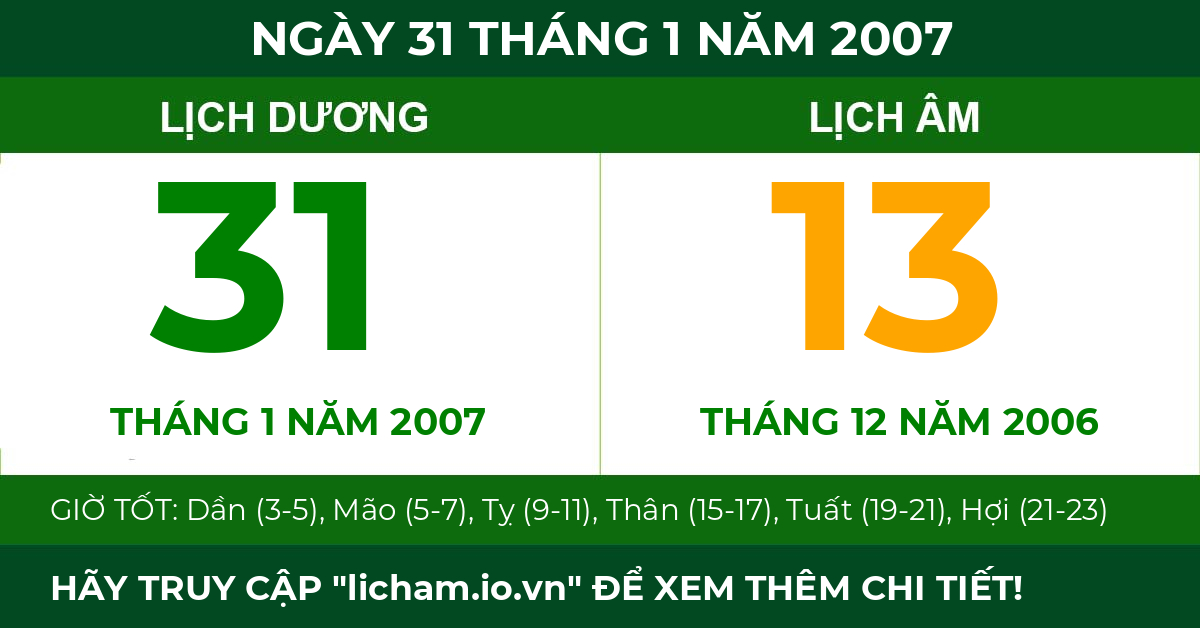 lịch âm ngày 31 tháng 1 năm 2007