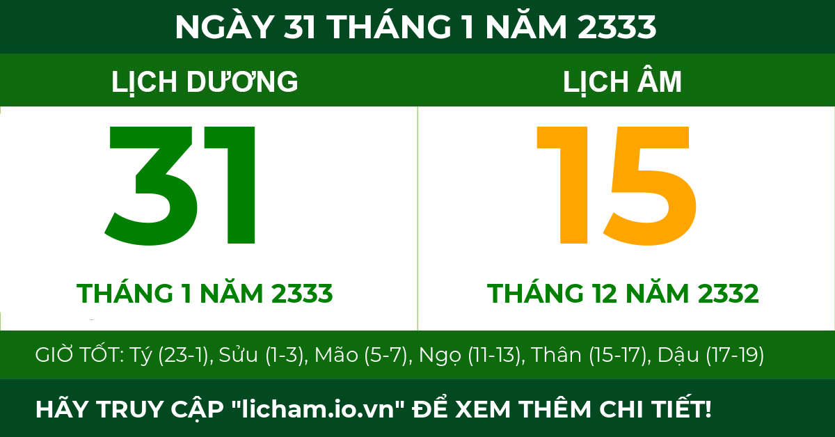 lịch âm ngày 31 tháng 1 năm 2333