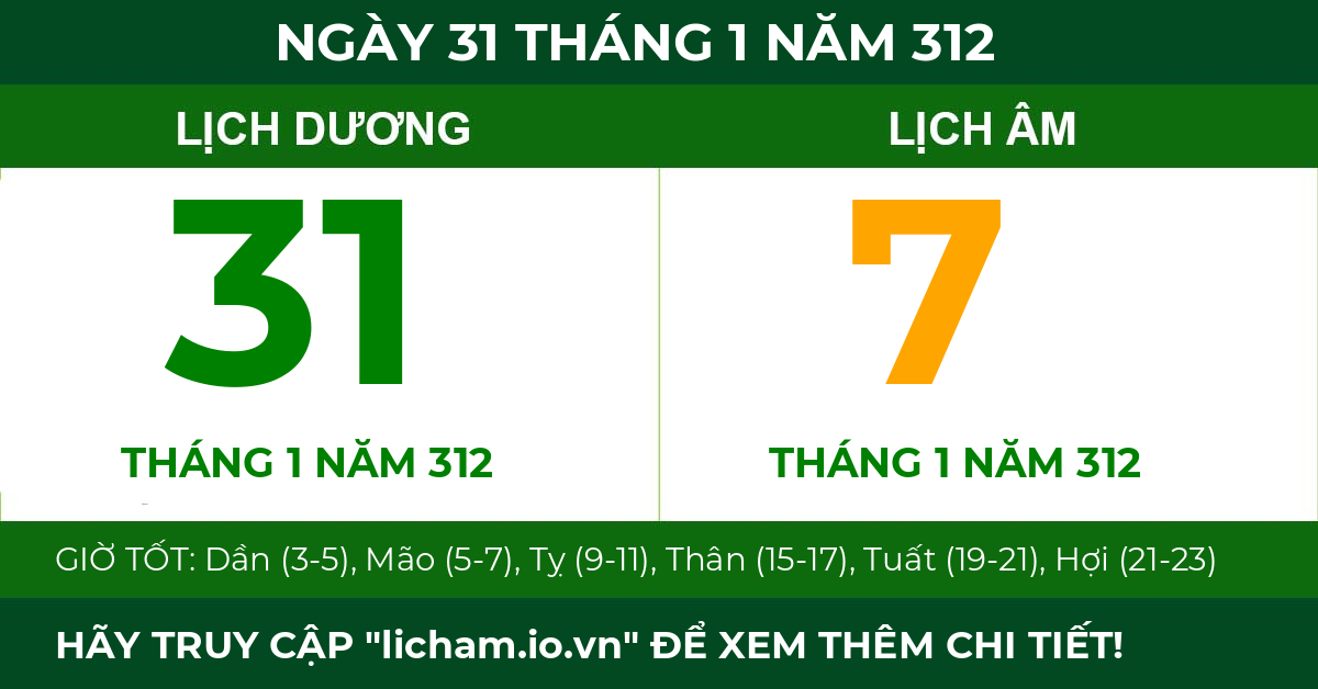lịch âm ngày 31 tháng 1 năm 312