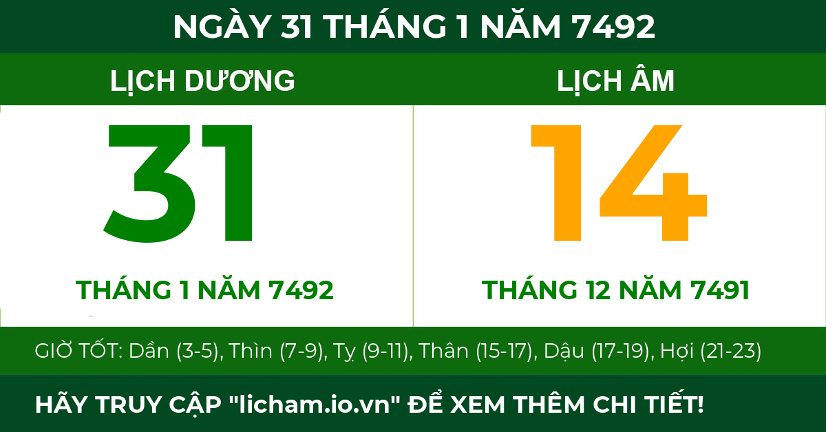 lịch âm ngày 31 tháng 1 năm 7492