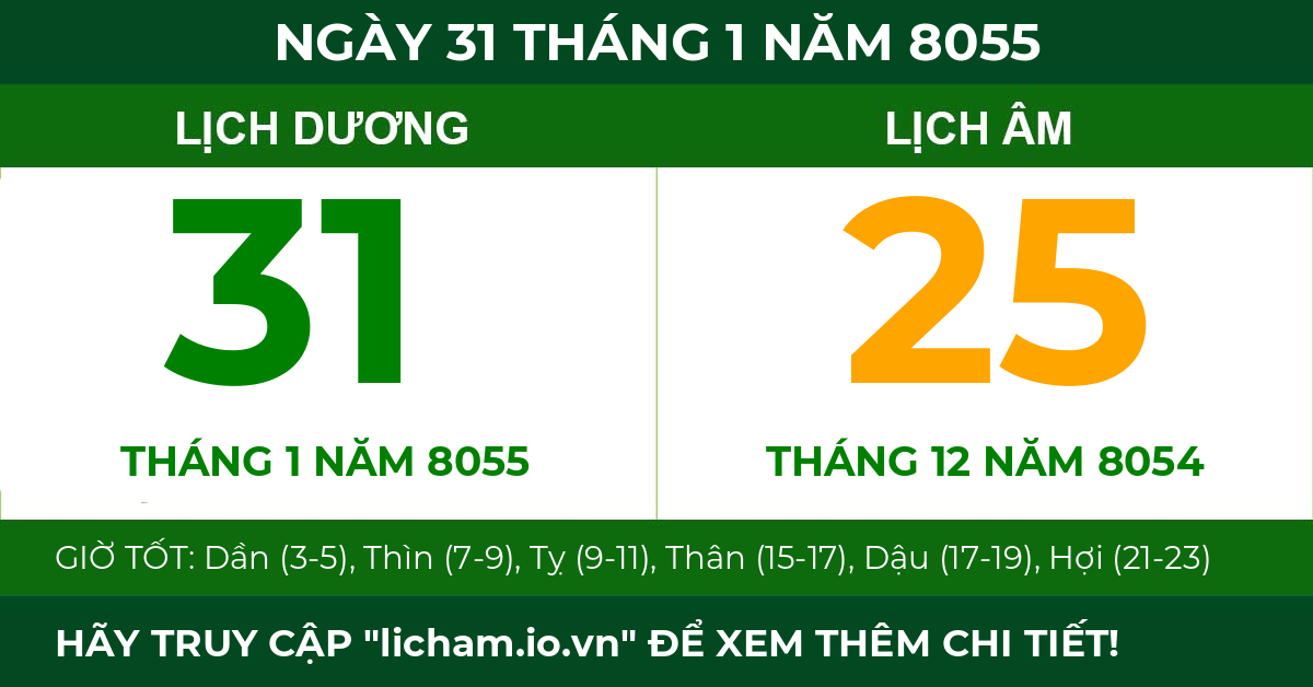 lịch âm ngày 31 tháng 1 năm 8055