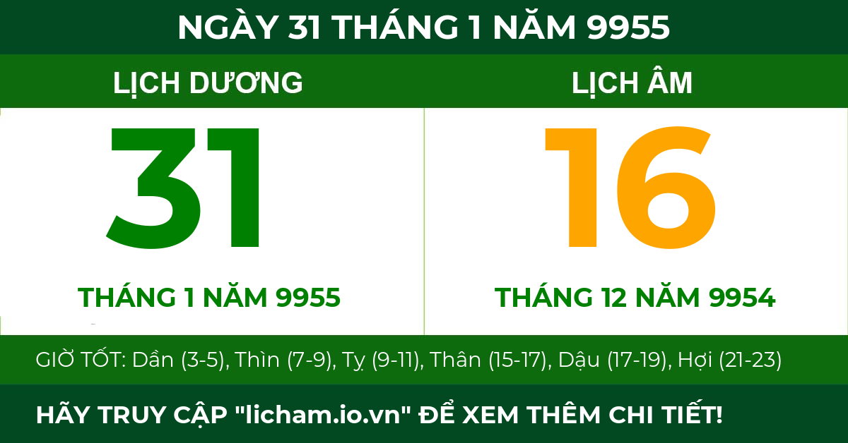 lịch âm ngày 31 tháng 1 năm 9955