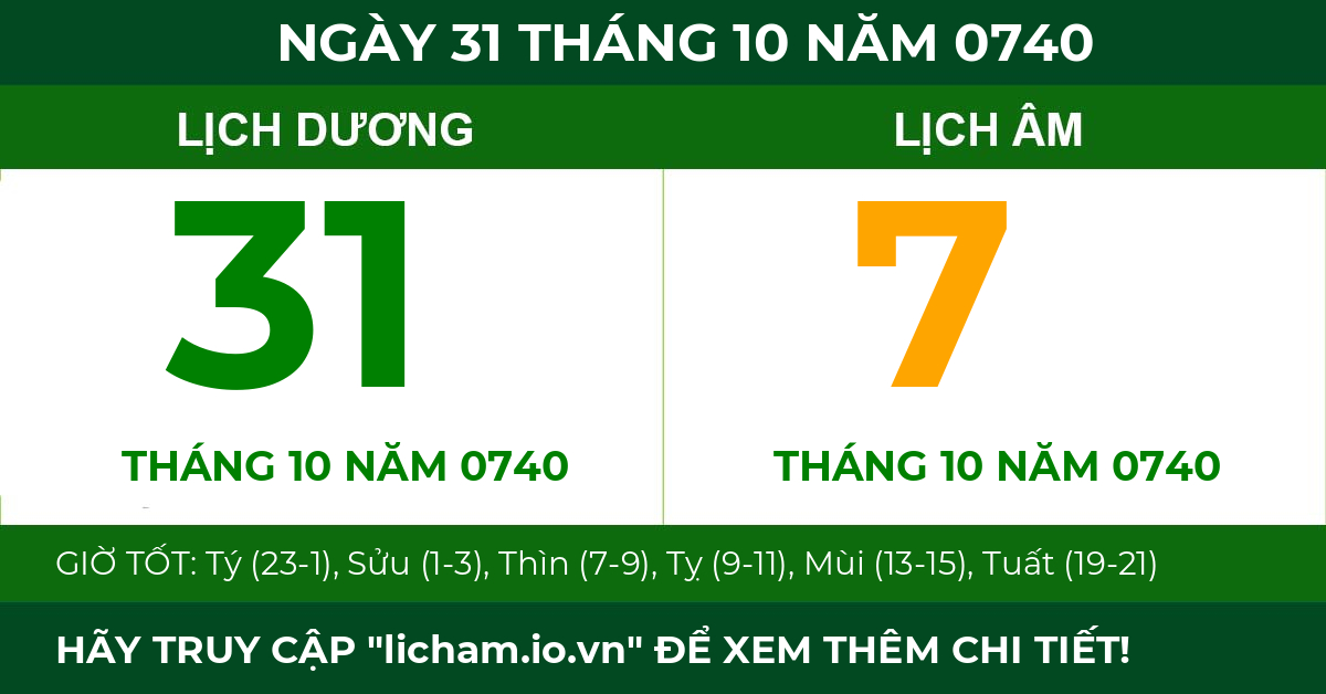 lịch âm ngày 31 tháng 10 năm 0740
