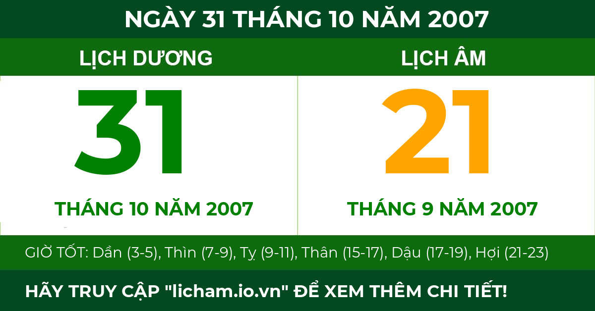 lịch âm ngày 31 tháng 10 năm 2007
