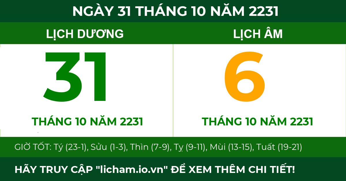 lịch âm ngày 31 tháng 10 năm 2231