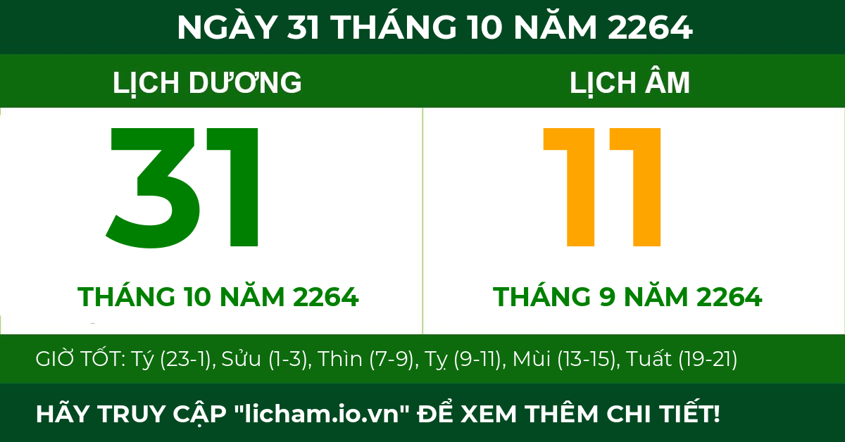 lịch âm ngày 31 tháng 10 năm 2264