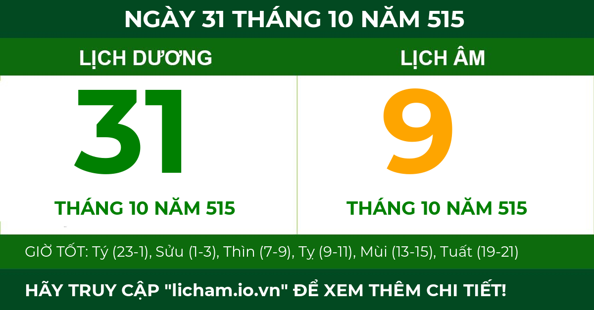 lịch âm ngày 31 tháng 10 năm 515