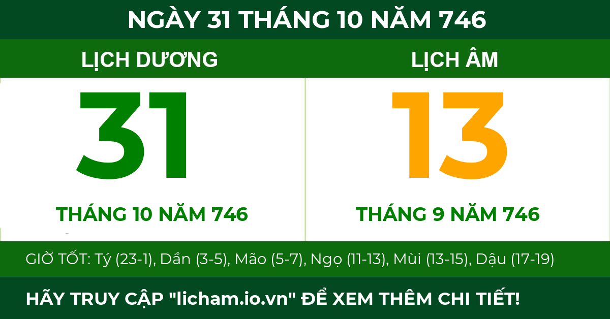 lịch âm ngày 31 tháng 10 năm 746