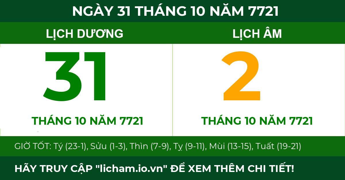 lịch âm ngày 31 tháng 10 năm 7721