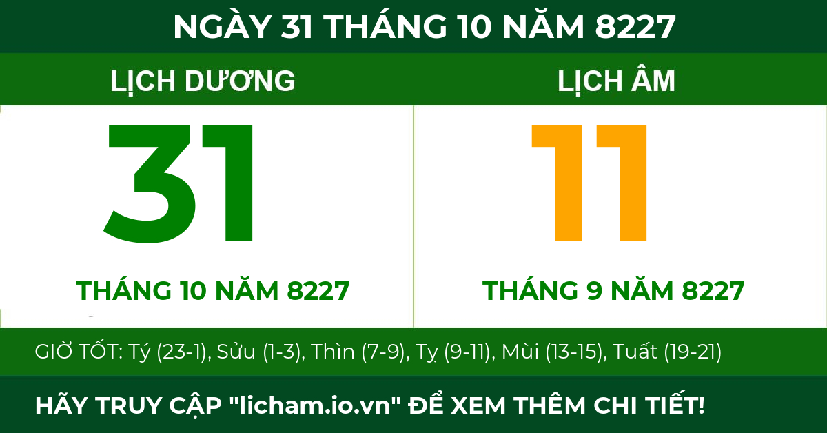 lịch âm ngày 31 tháng 10 năm 8227