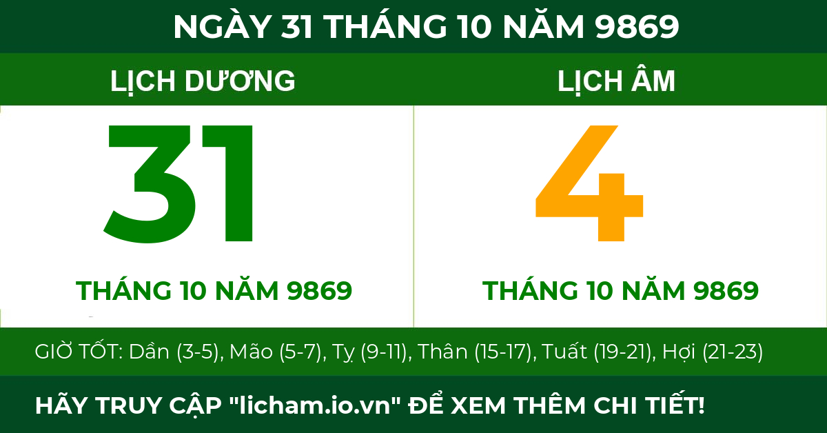 lịch âm ngày 31 tháng 10 năm 9869