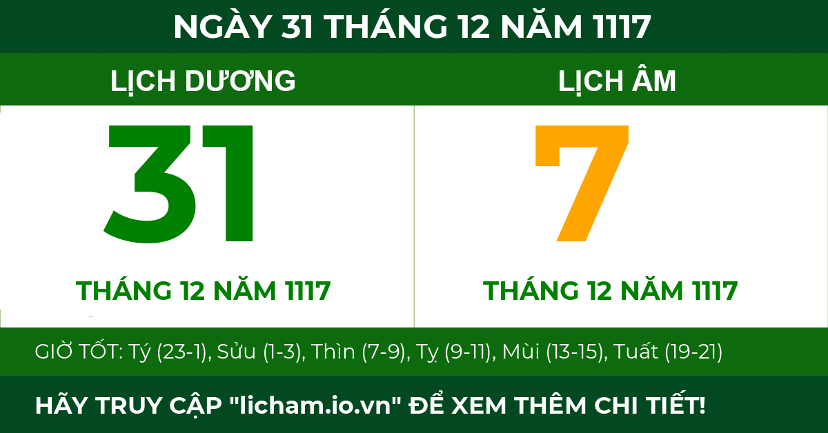 lịch âm ngày 31 tháng 12 năm 1117