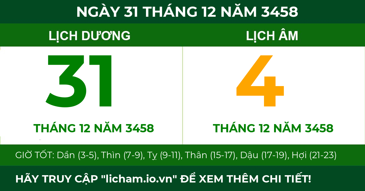 lịch âm ngày 31 tháng 12 năm 3458