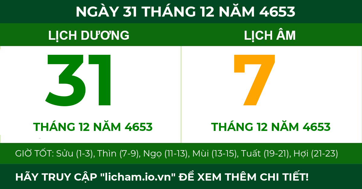 lịch âm ngày 31 tháng 12 năm 4653