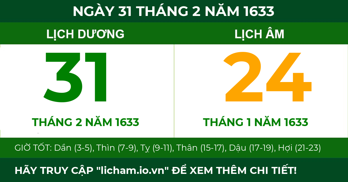 lịch âm ngày 31 tháng 2 năm 1633