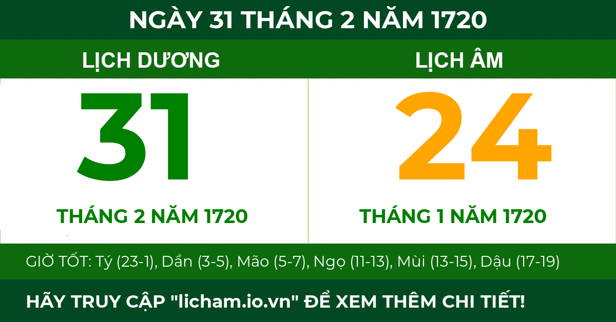 lịch âm ngày 31 tháng 2 năm 1720