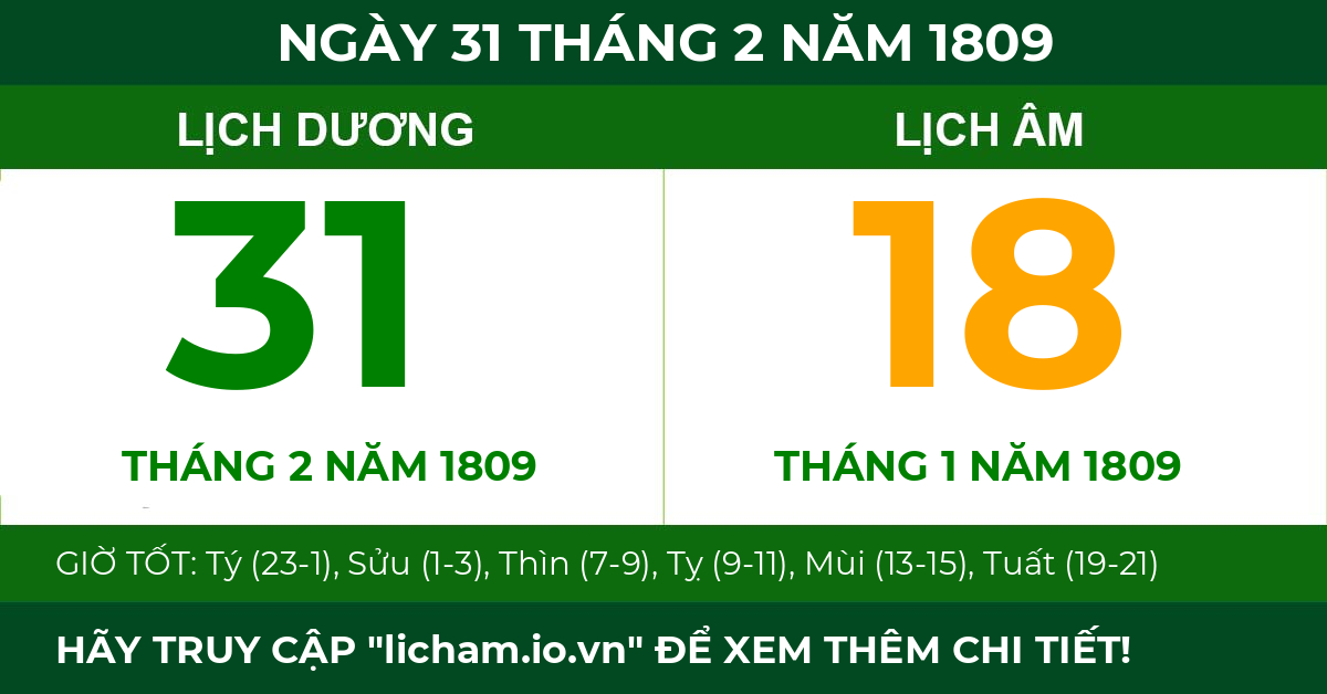 lịch âm ngày 31 tháng 2 năm 1809
