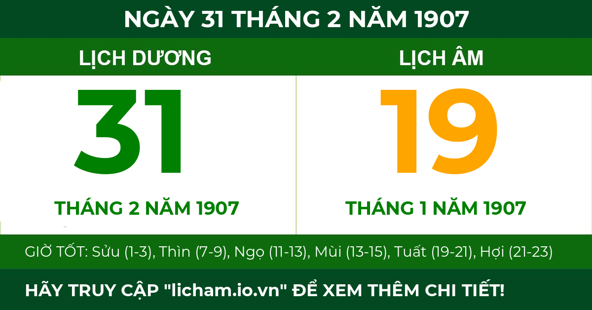 lịch âm ngày 31 tháng 2 năm 1907