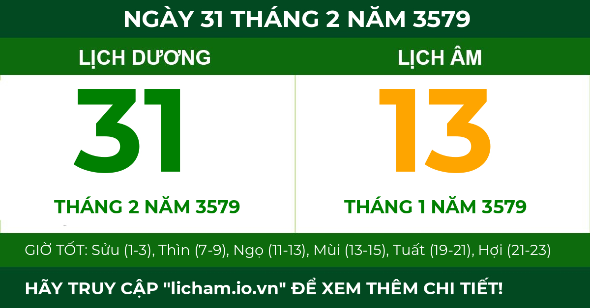 lịch âm ngày 31 tháng 2 năm 3579