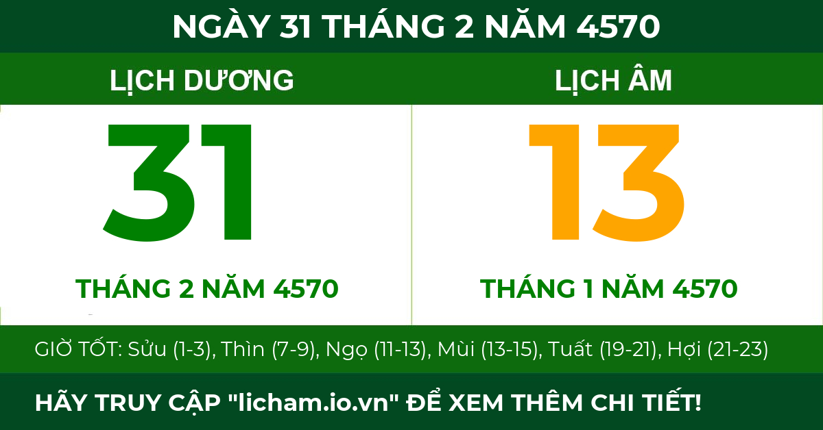 lịch âm ngày 31 tháng 2 năm 4570
