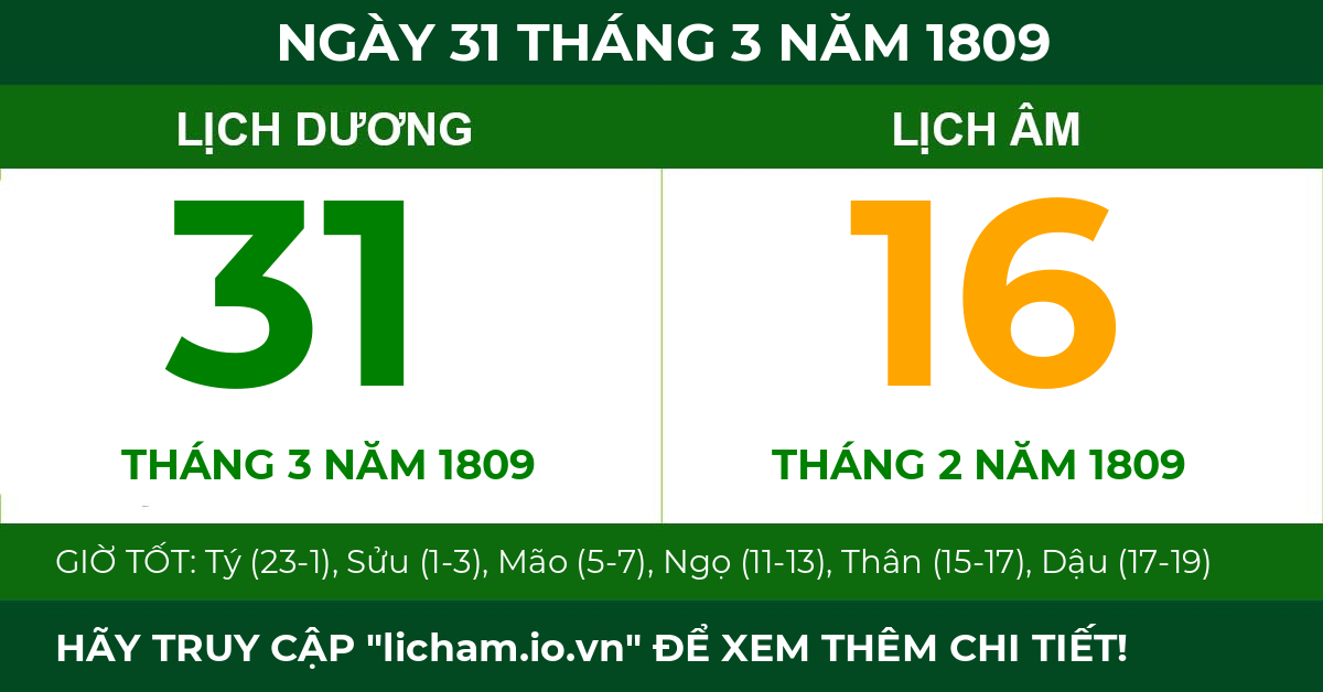 lịch âm ngày 31 tháng 3 năm 1809