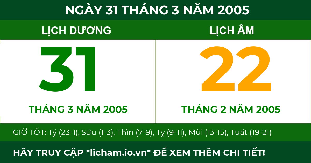 lịch âm ngày 31 tháng 3 năm 2005