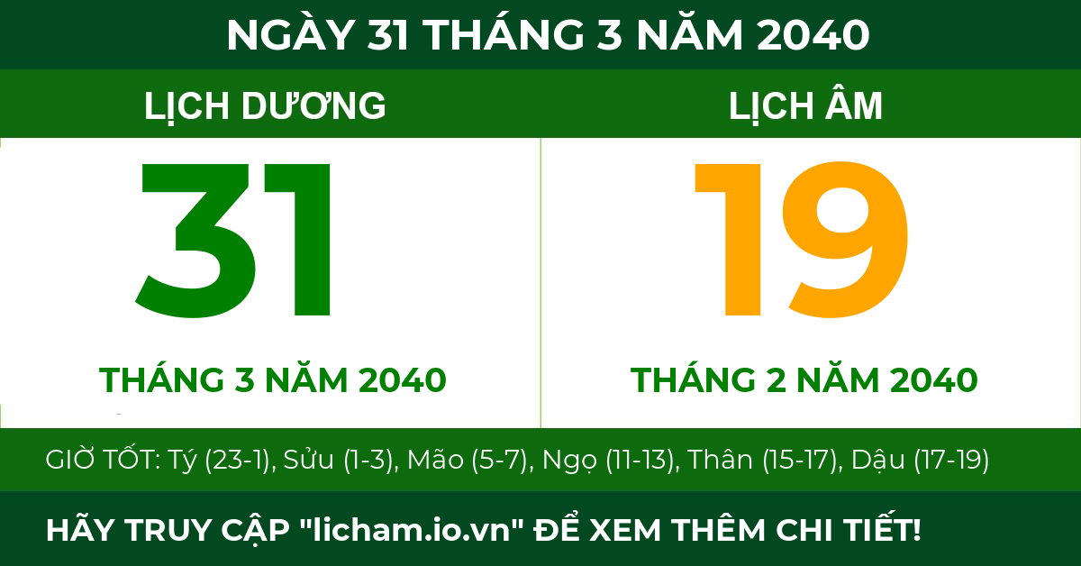 lịch âm ngày 31 tháng 3 năm 2040