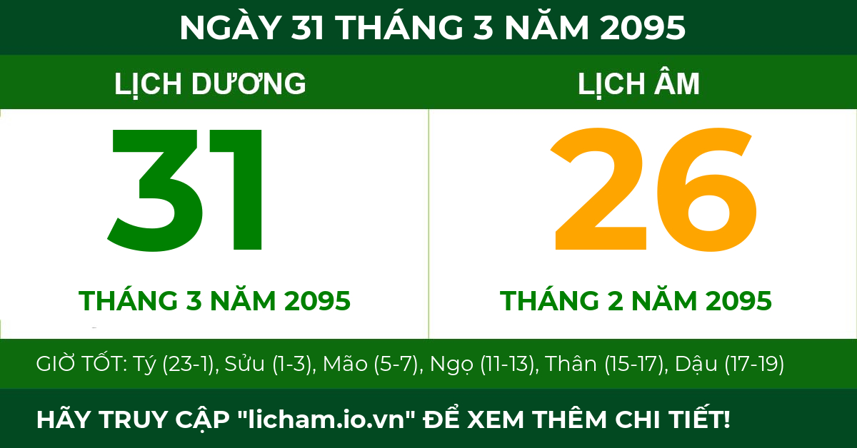 lịch âm ngày 31 tháng 3 năm 2095