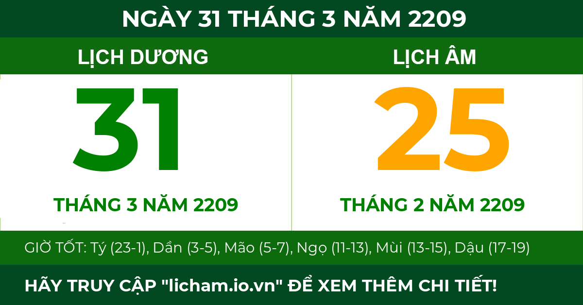 lịch âm ngày 31 tháng 3 năm 2209