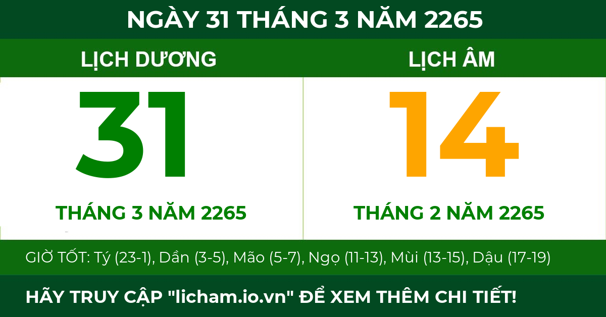 lịch âm ngày 31 tháng 3 năm 2265