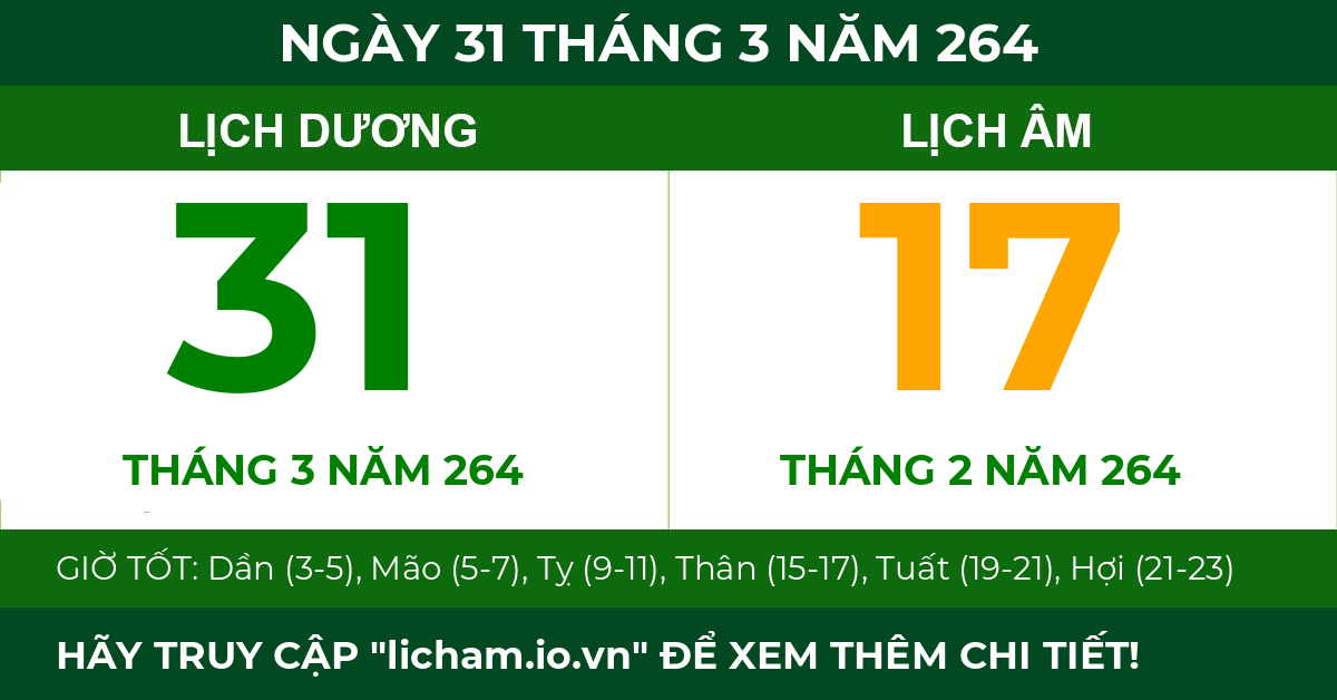 lịch âm ngày 31 tháng 3 năm 264