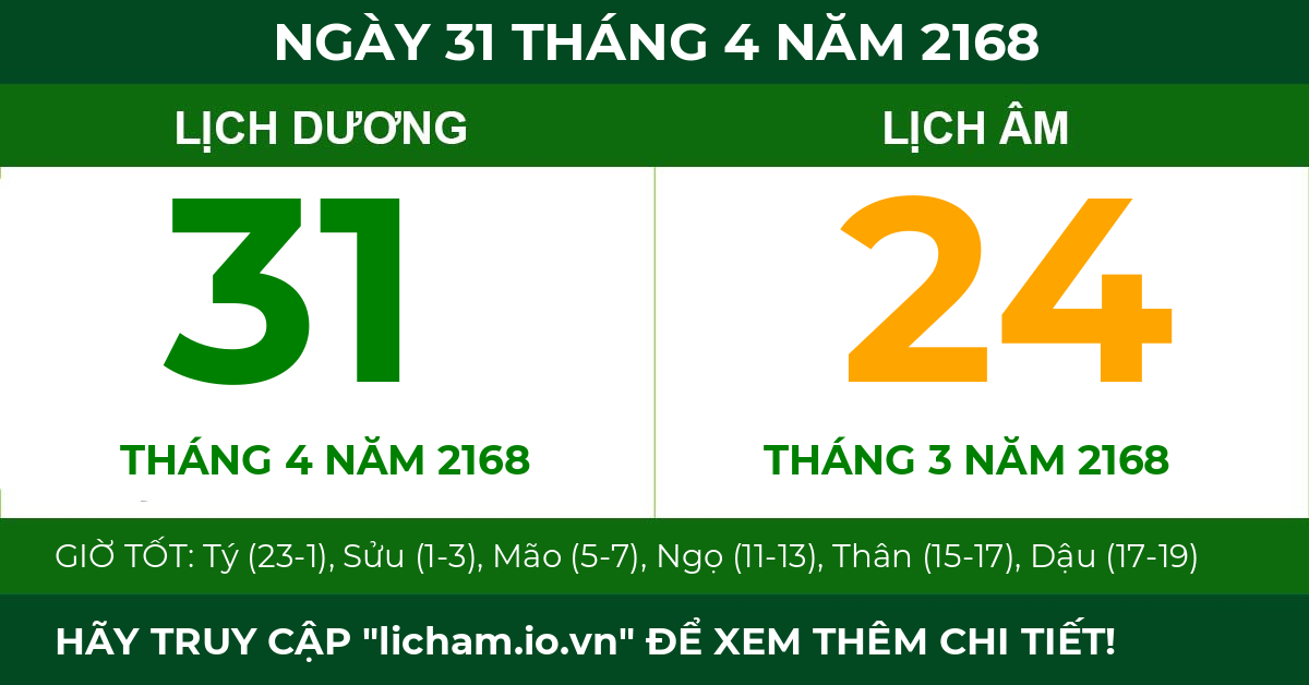 lịch âm ngày 31 tháng 4 năm 2168