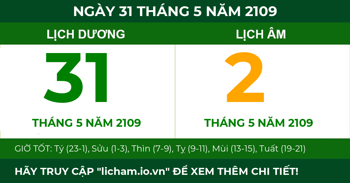 lịch âm ngày 31 tháng 5 năm 2109