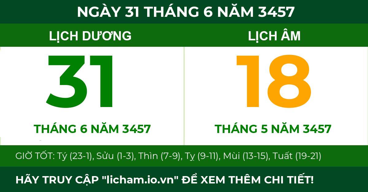 lịch âm ngày 31 tháng 6 năm 3457