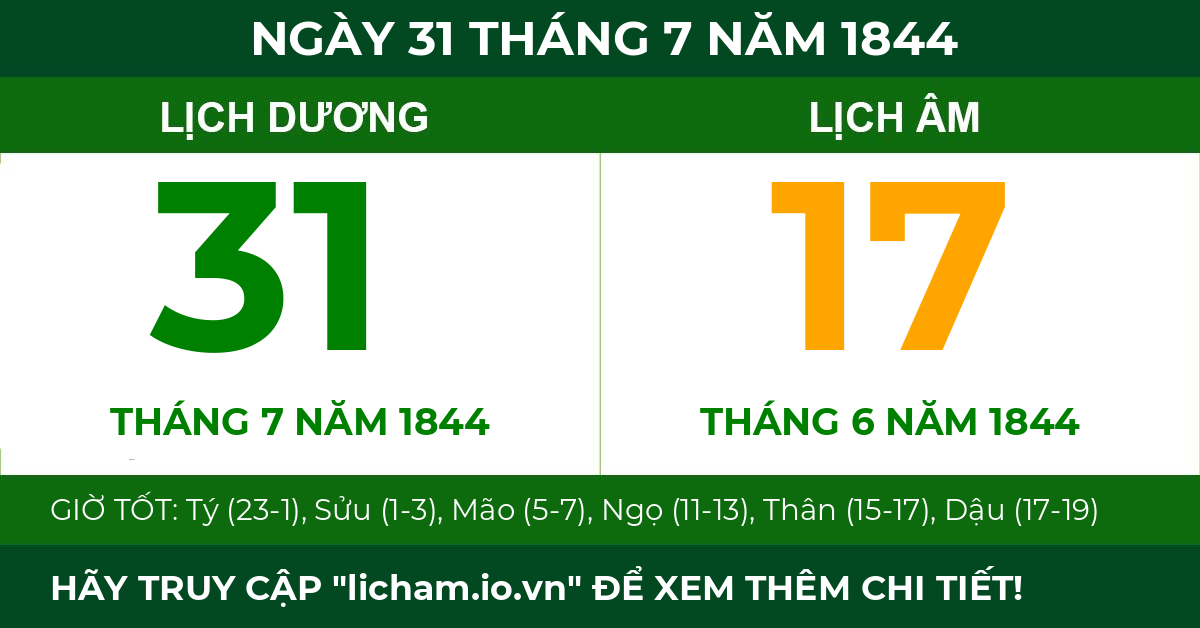 lịch âm ngày 31 tháng 7 năm 1844