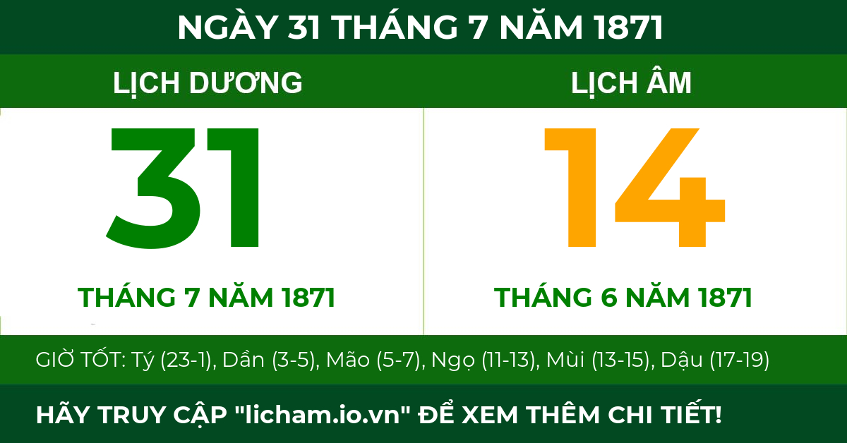 lịch âm ngày 31 tháng 7 năm 1871